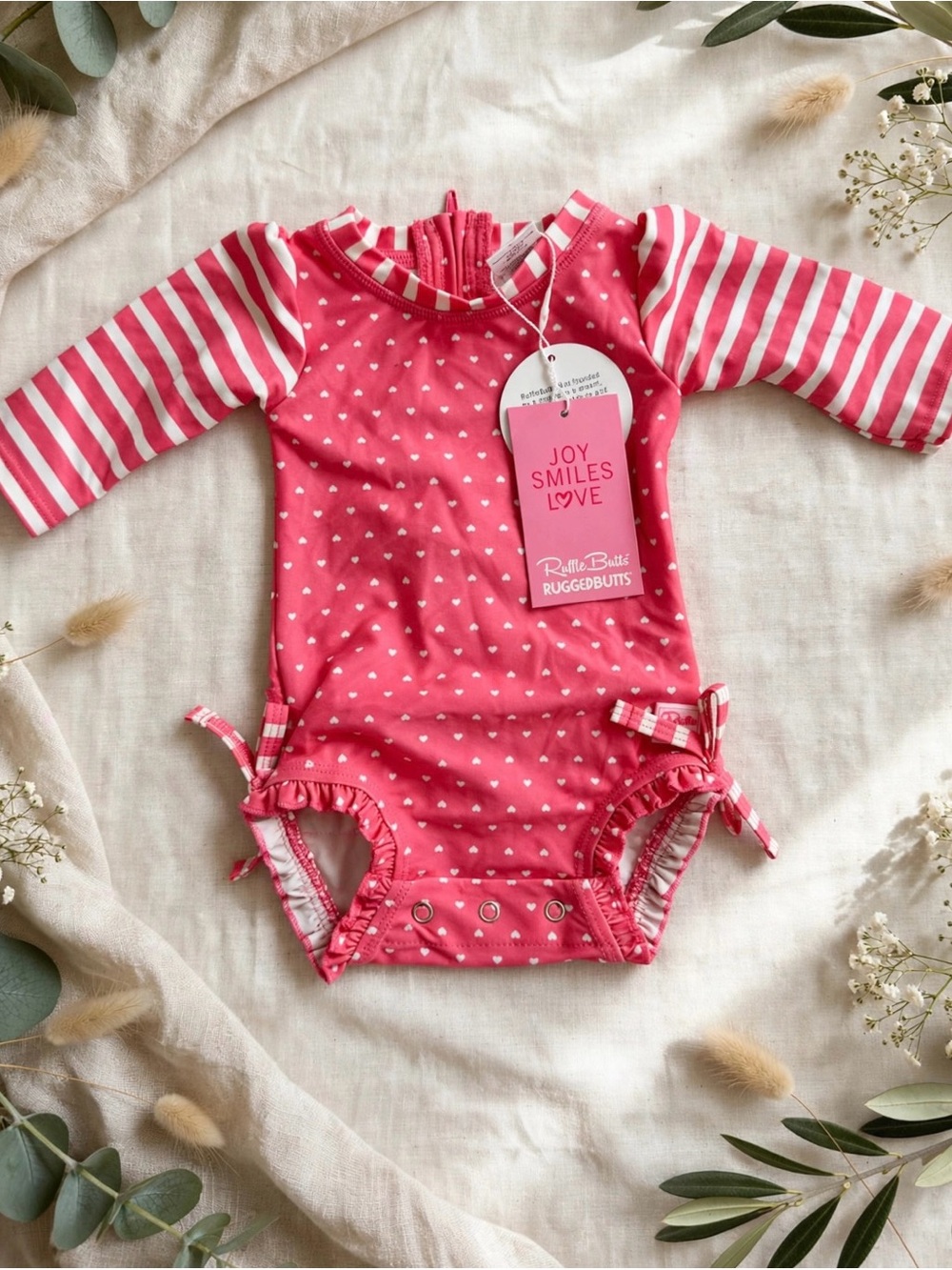 Ruffle Butts Pink Heart Long-Sleeve One-Piece Swimsuit with Striped Sleeves